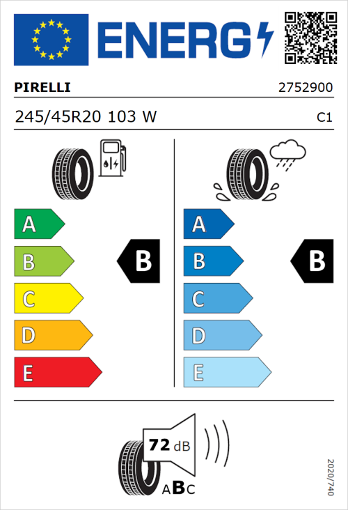 Tyre Label for Pirelli Scorpion Zero All Season 245/45R20 103W